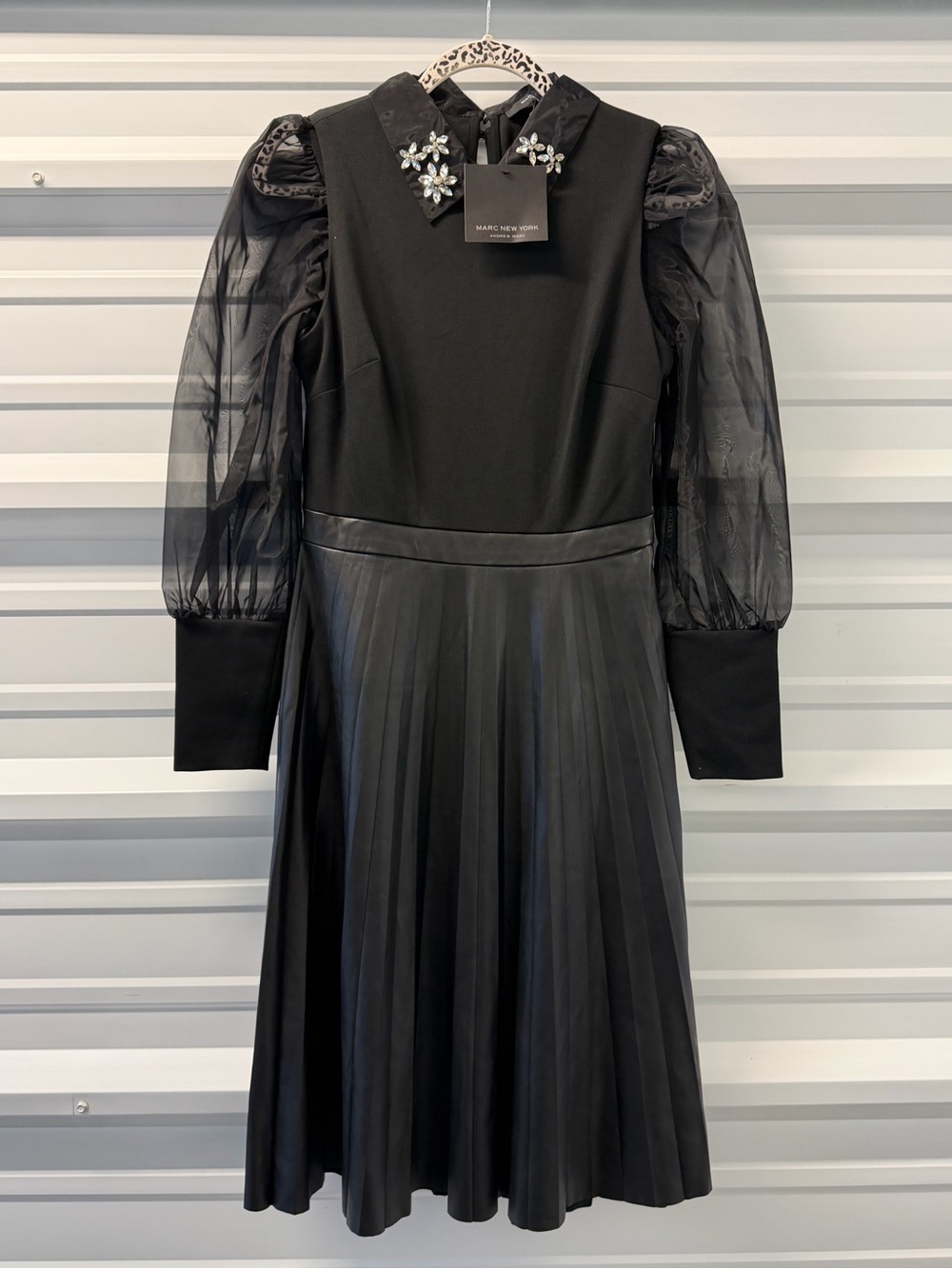 Marc New York Andrew Marc Black Faux Leather Pleated Dress Embellished Collar